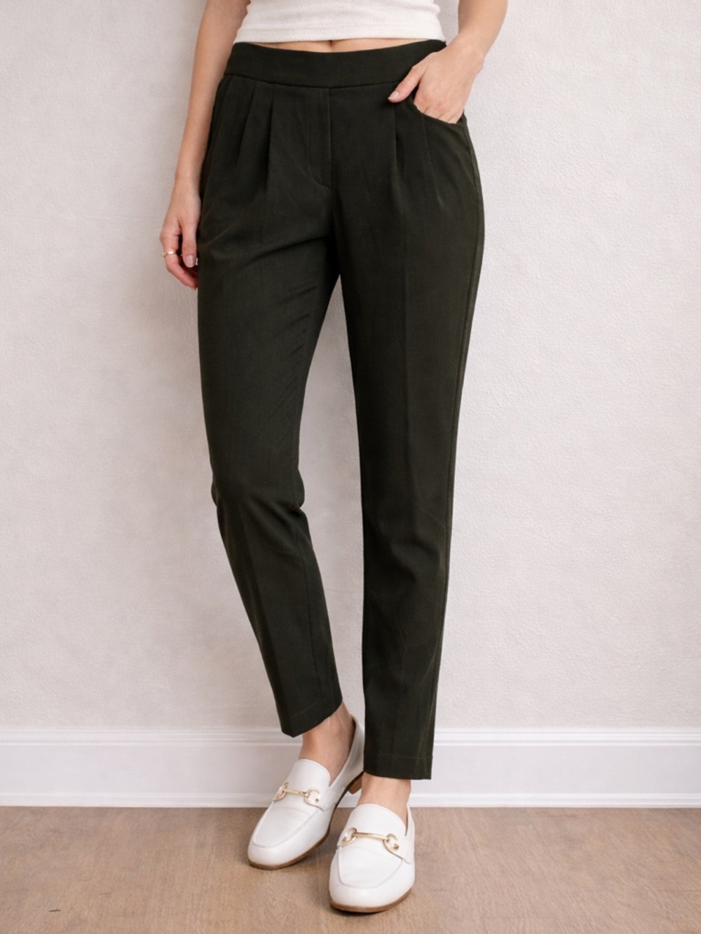 Babaton Dark Green High Rise Ankle Pants Pleated Tapered Dress Pants 0